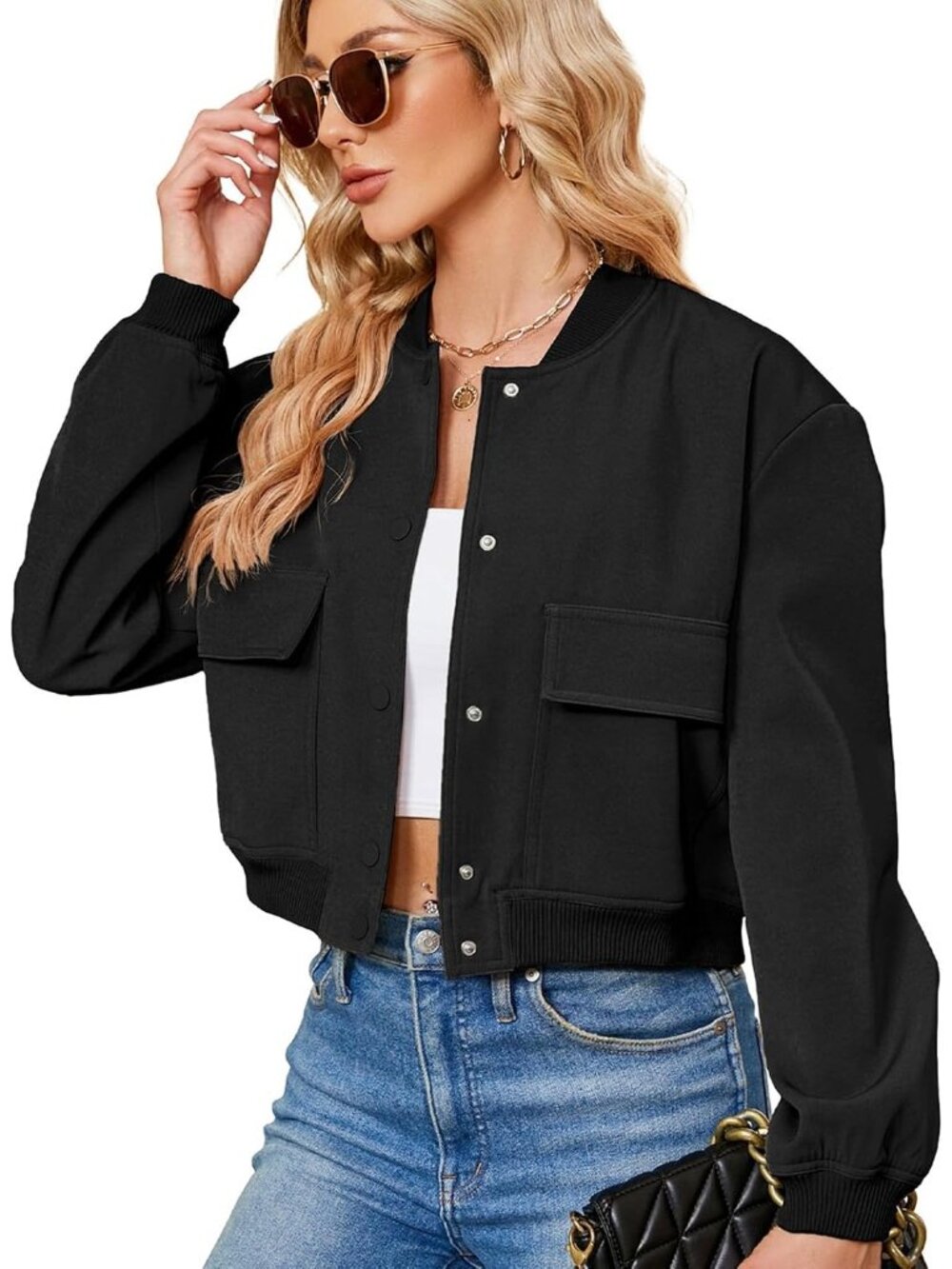 Women's Black Stylish Short Trendy Casual Lightweight Side Pocket Bomber Jackets